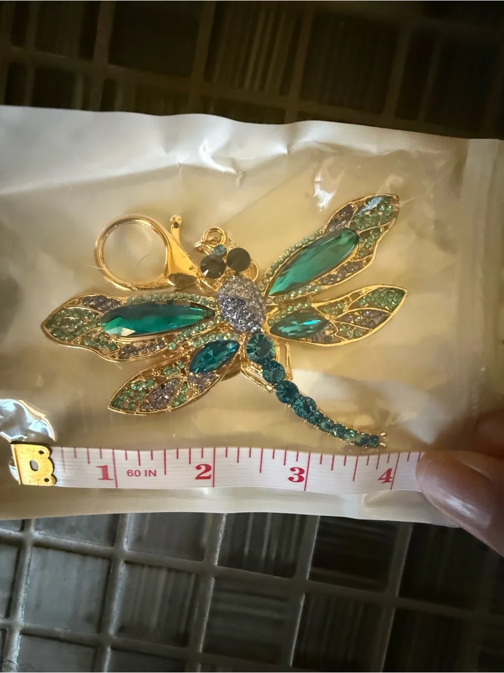 Gold & Teal Dragonfly Keychain with Green Crystal Accents
